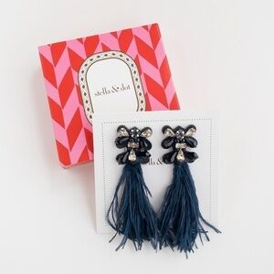 Stella & Dot Navy Feather Drop Earrings Crystal Rhinestone